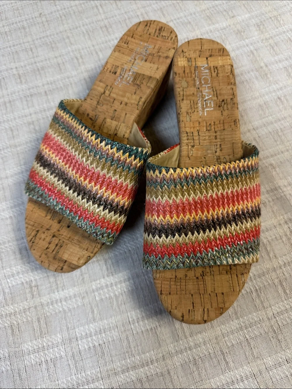 Michael Kors Multicolor Zigzag Woven Cork Slide Mules